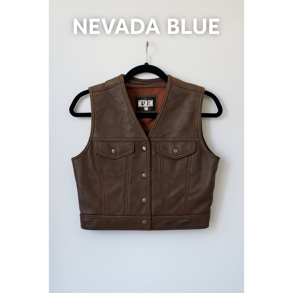 Vintage Nevada Blue Brown Leather Vest Size M Made in Korea Snap Button Western
